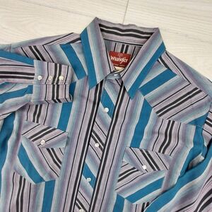 Wrangler Western Shirt Mens XL Teal Purple Striped Pearl Snap Long Sleeve Yoke